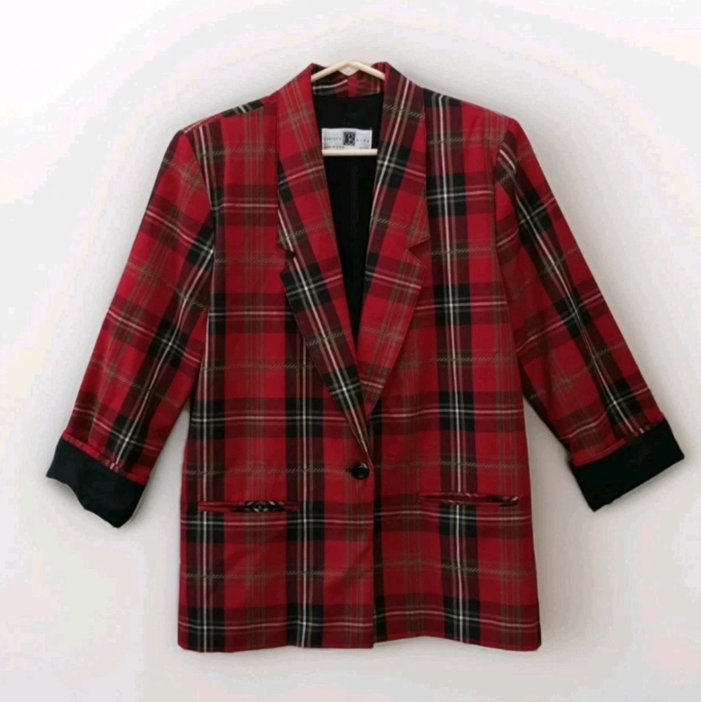 Vintage Christy Girl Petite Blazer 3/4 Cuff Sleeves Plaid Red/Black/Green Size 6